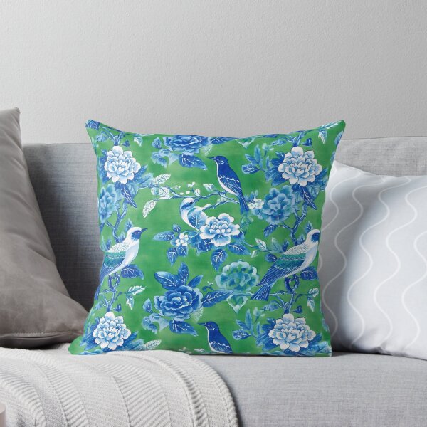 Item preview, Blue and white chinoiserie birds and flowers on green watercolor designed and sold by SophieClimaArt.