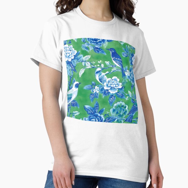 Item preview, Blue and white chinoiserie birds and flowers on green watercolor designed and sold by SophieClimaArt.
