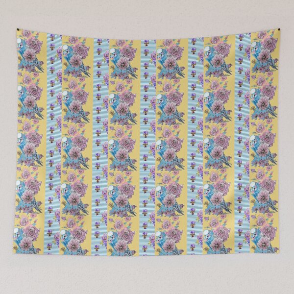 Item preview, Budgie Watercolor Crazy Blue Yellow Stripe Chintz Cottage Core Retro Vintage designed and sold by Sarah  Rajkotwala.