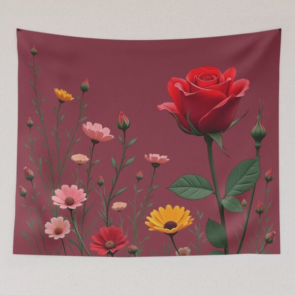 Item preview, Wildflowers and Red Rose on the Right - Deep Burgundy Background #5006DBD designed and sold by Wildflower Rose.