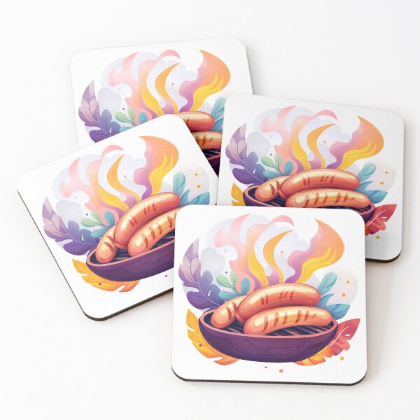 Item preview, Delicious sausages grilling over a colorful fire amidst vibrant autumn leaves during a festive outdoor gathering designed and sold by Ms. Iryna.