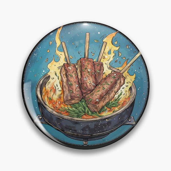 Item preview, Grilling meat skewers over flames with vibrant colors and fresh herbs in a dynamic cooking setting designed and sold by Ms. Iryna.