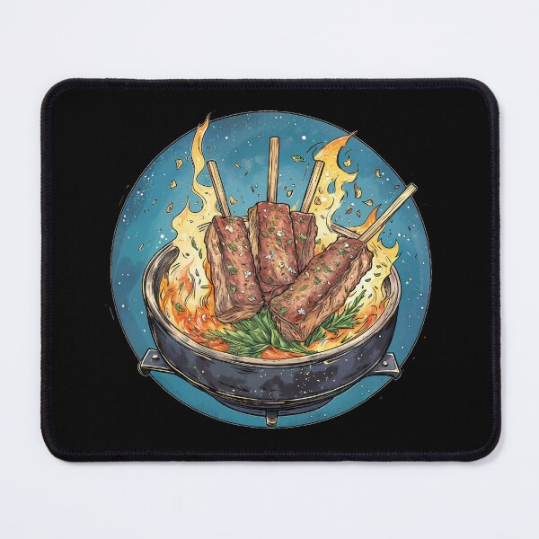 Item preview, Grilling meat skewers over flames with vibrant colors and fresh herbs in a dynamic cooking setting designed and sold by Ms. Iryna.