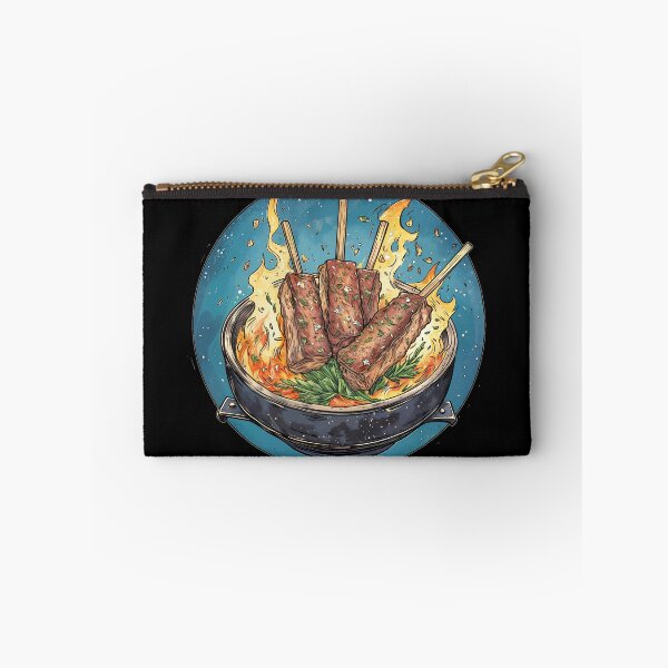 Item preview, Grilling meat skewers over flames with vibrant colors and fresh herbs in a dynamic cooking setting designed and sold by Ms. Iryna.