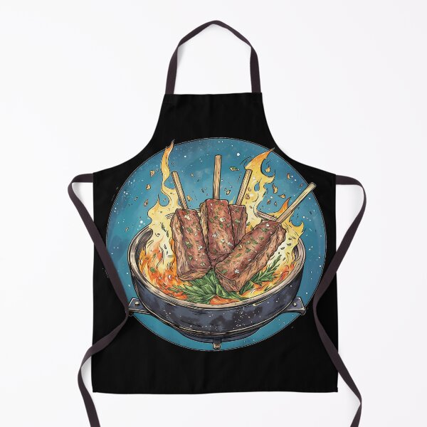 Item preview, Grilling meat skewers over flames with vibrant colors and fresh herbs in a dynamic cooking setting designed and sold by Ms. Iryna.