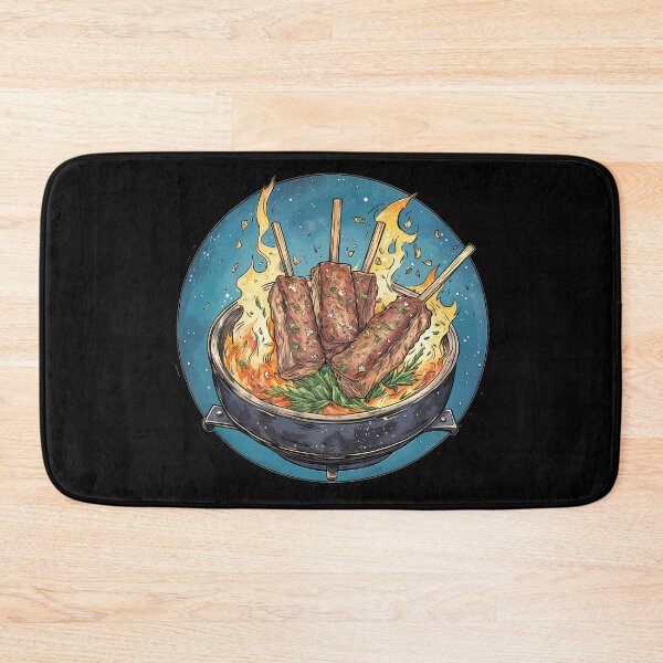 Item preview, Grilling meat skewers over flames with vibrant colors and fresh herbs in a dynamic cooking setting designed and sold by Ms. Iryna.