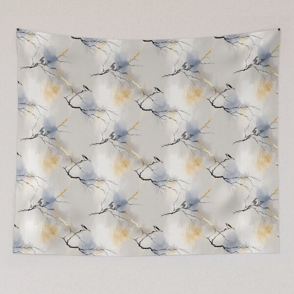 Item preview, Ethereal Birds on Branches with Gold, Gray, and Blue Accents designed and sold by Moisky Patterns.