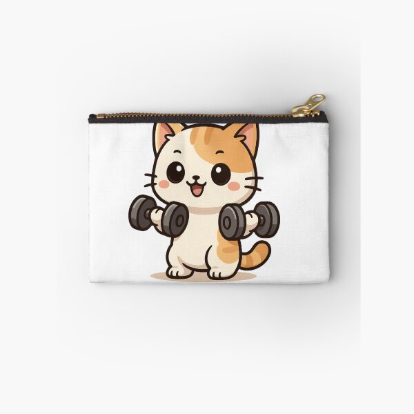 Aperçu de l'œuvre Mochi le chat musclé – Autocollant de fitness « Stay Pawsitive » pour chat chibi mignon soulevant des haltères créée et vendue par ColorSplash123.