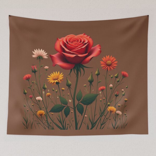 Item preview, Wildflowers and Red Rose in Middle - Medium Brown Background #5007MBN designed and sold by Wildflower Rose.