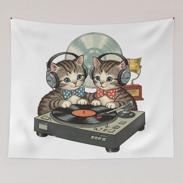 Item preview, Vintage Kittens Wearing Bows and Headphones designed and sold by Zini-ArtStudio.