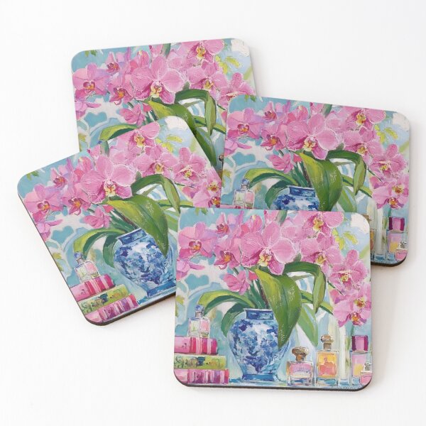 Artikelvorschau, Grandmillennial Art, Stillleben mit rosa Orchideen im Ingwerglas entworfen und verkauft von SophieClimaArt.