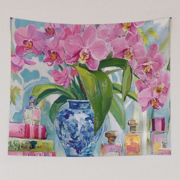 Item preview, Grandmillennial art, still life with pink orchids in ginger jar designed and sold by SophieClimaArt.