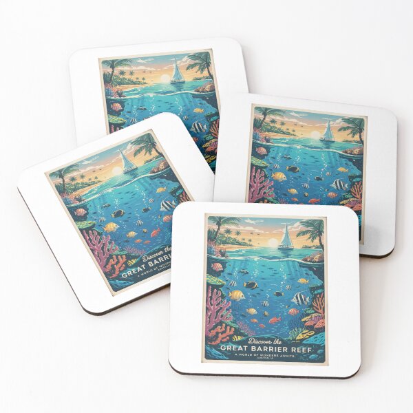 Item preview, Retro Vintage Travel Poster Great Barrier Reef Adventure – Tropical Fish, Corals and Sailboat at Sunset designed and sold by pod24.