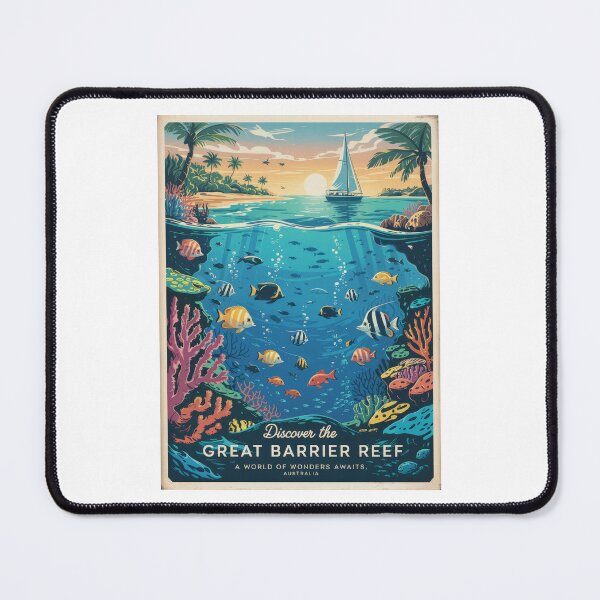 Item preview, Retro Vintage Travel Poster Great Barrier Reef Adventure – Tropical Fish, Corals and Sailboat at Sunset designed and sold by pod24.