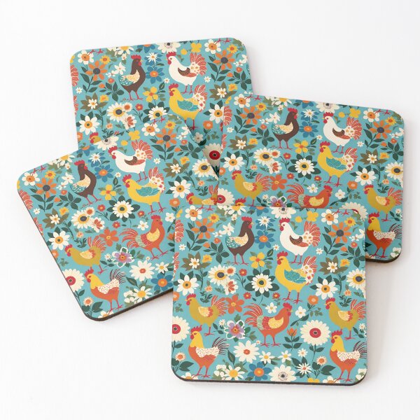Item preview, Folk Art Chickens And Wildflowers On A Light Blue Background designed and sold by CarrollGene.