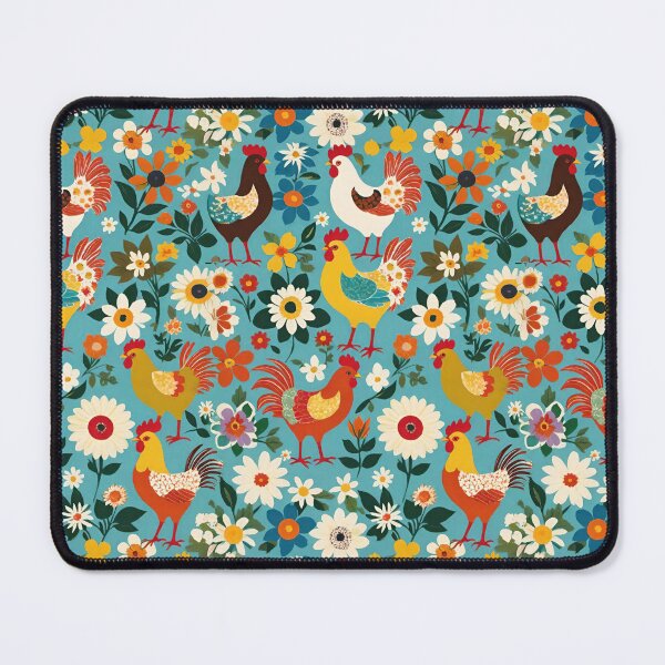 Item preview, Folk Art Chickens And Wildflowers On A Light Blue Background designed and sold by CarrollGene.