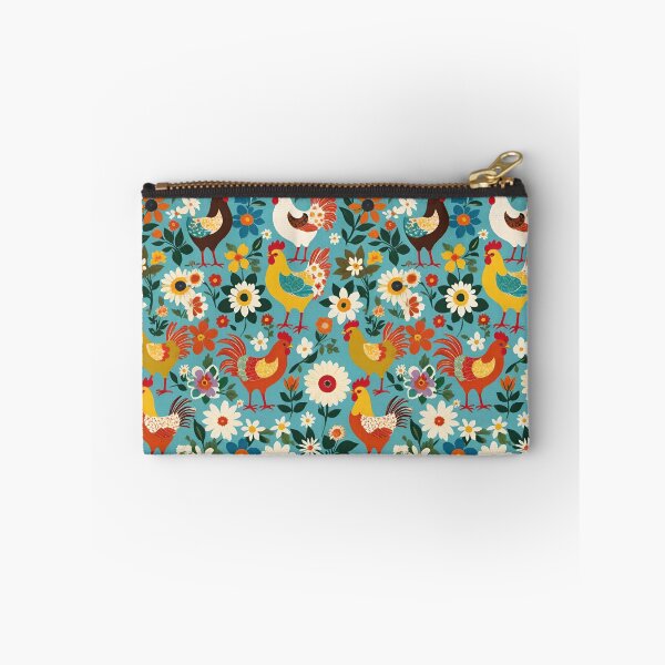 Item preview, Folk Art Chickens And Wildflowers On A Light Blue Background designed and sold by CarrollGene.