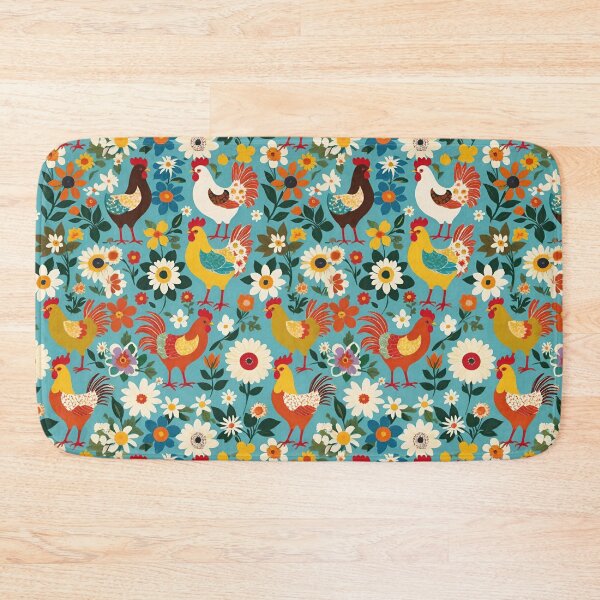 Item preview, Folk Art Chickens And Wildflowers On A Light Blue Background designed and sold by CarrollGene.