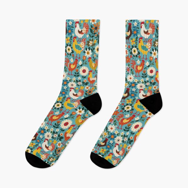 Item preview, Folk Art Chickens And Wildflowers On A Light Blue Background designed and sold by CarrollGene.