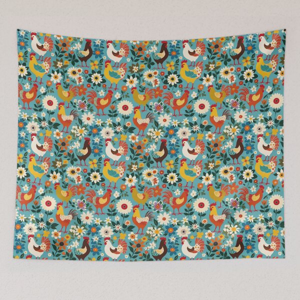 Item preview, Folk Art Chickens And Wildflowers On A Light Blue Background designed and sold by CarrollGene.