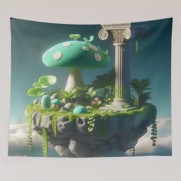 Item preview, Whimsical Floating Landscape with Green Mushroom designed and sold by PandaTShirtShop.