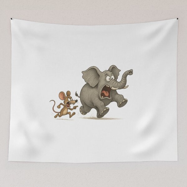 Item preview, Cartoon Elephant Fleeing From Angry Mouse in Amusing Artwork Scene designed and sold by Por_photos.