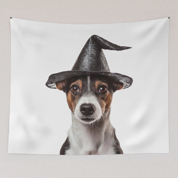 Item preview, Smooth Fox Terrier dog Wearing Halloween Witch Hat designed and sold by LazyOwlStore.