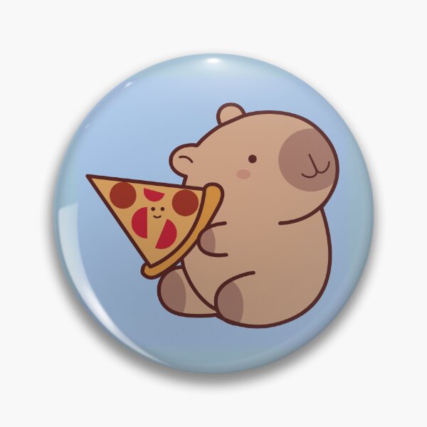Artikelvorschau, Capybara mit einem lächelnden Stück Pizza auf blauem Hintergrund entworfen und verkauft von Denisse diseno.