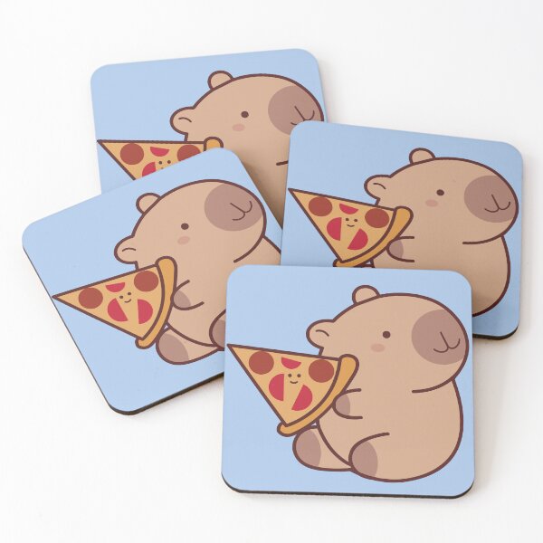 Item preview, Capybara with a smiling slice of pizza on a blue background designed and sold by Denisse diseno.
