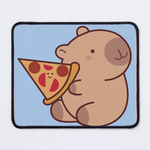 Item preview, Capybara with a smiling slice of pizza on a blue background designed and sold by Denisse diseno.