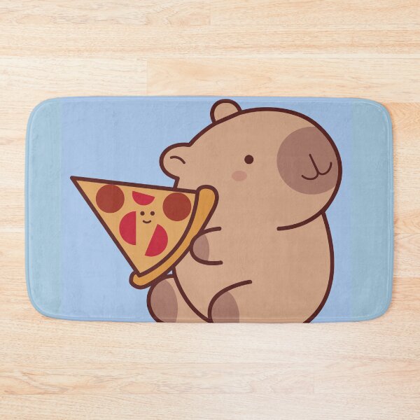 Item preview, Capybara with a smiling slice of pizza on a blue background designed and sold by Denisse diseno.