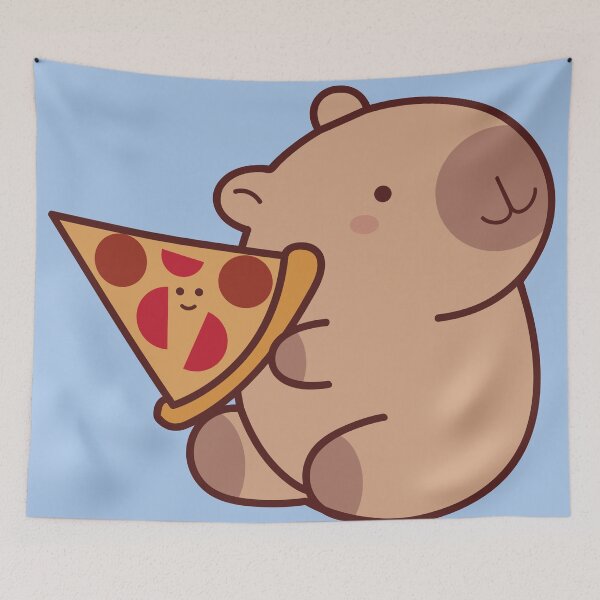 Item preview, Capybara with a smiling slice of pizza on a blue background designed and sold by Denisse diseno.