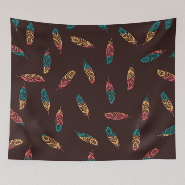 Item preview, Fantasy print of colorful feathers on a chocolate brown background designed and sold by Martapp.