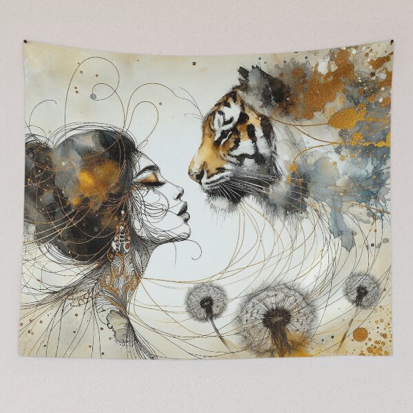 Item preview, Kiss with Tiger - Surreal Girl & Big Cat Illustration​ designed and sold by ArtStyleAlice.