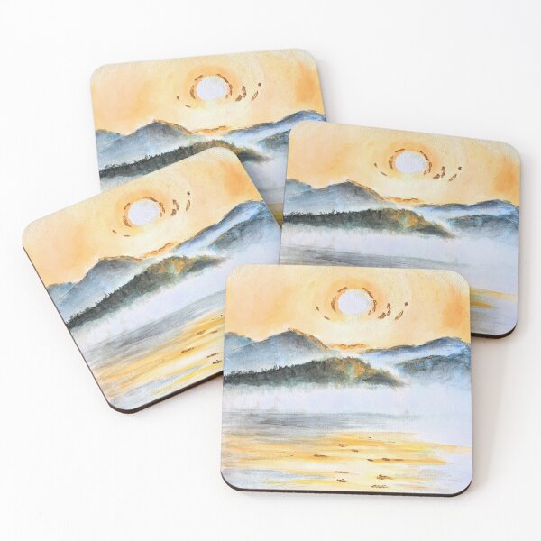 Item preview, Summer Sunrise over Misty Mountains and Lake – Watercolor Landscape designed and sold by kkjustpaint.