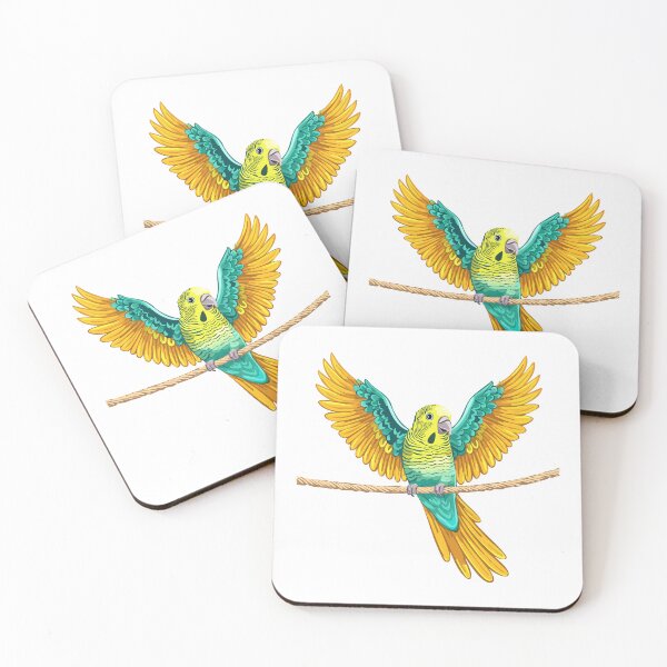 Item preview, Budgie or budgerigar sitting on a rope with open wings and isolated on white background, australian tropical bird, Budgerigar, common parakeet, shell parakeet or budgie (Melopsittacus undulatus) designed and sold by Danler.
