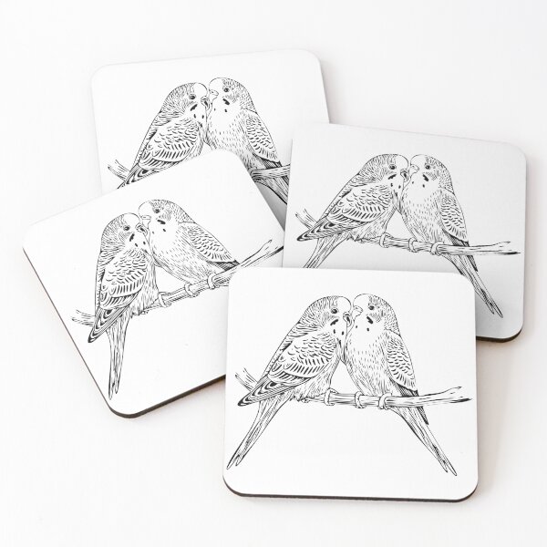Item preview, Black and white Two Budgies Perched Together, stylized illustration of two budgies perched close together on a branch, Budgerigar, common parakeet, shell parakeet or budgie (Melopsittacus undulatus) designed and sold by Danler.