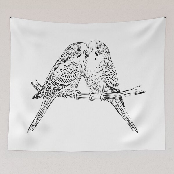 Item preview, Black and white Two Budgies Perched Together, stylized illustration of two budgies perched close together on a branch, Budgerigar, common parakeet, shell parakeet or budgie (Melopsittacus undulatus) designed and sold by Danler.