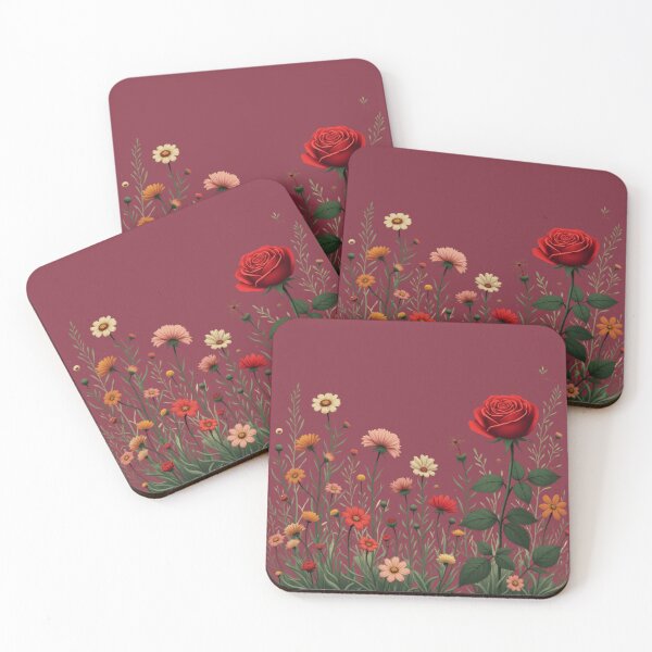 Item preview, Wildflowers and Red Rose on Right #2 - Deep Burgundy Background #5008DBD designed and sold by Wildflower Rose.