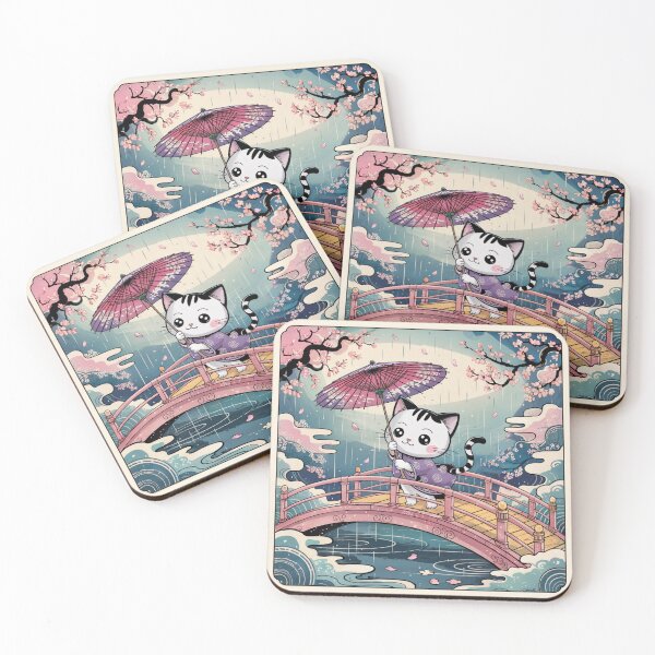 Item preview, Kawaii Chibi Cat with Wagasa Umbrella | Simple Vintage Pastel Rain Ukiyo-e Inspired Art designed and sold by Darrwea.