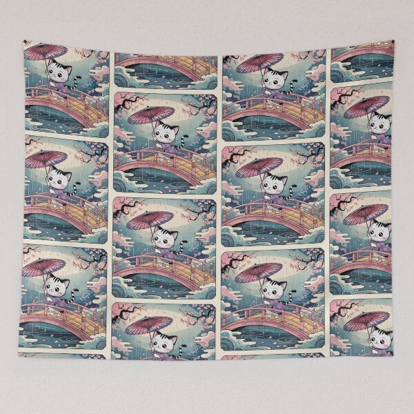 Item preview, Kawaii Chibi Cat with Wagasa Umbrella | Simple Vintage Pastel Rain Ukiyo-e Inspired Art designed and sold by Darrwea.