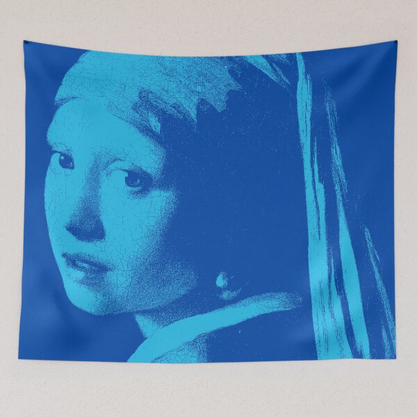 Item preview, Stunning Pastel Blue Monochrome Girl with a Pearl Earring Posterized Art Print - Elegant White Wall Decor on default Cobalt Blue Background  designed and sold by pelagio.