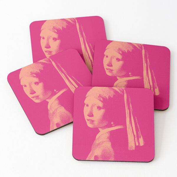 Item preview, Stunning Pastel Pink Monochrome Girl with a Pearl Earring Posterized Art Print - Elegant White Wall Decor on default Hot Pink Background  designed and sold by pelagio.