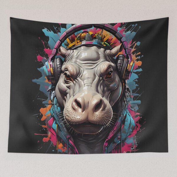 Item preview, Funky Hippo with headphones – Vibrant Urban Graffiti designed and sold by SolaoLab.