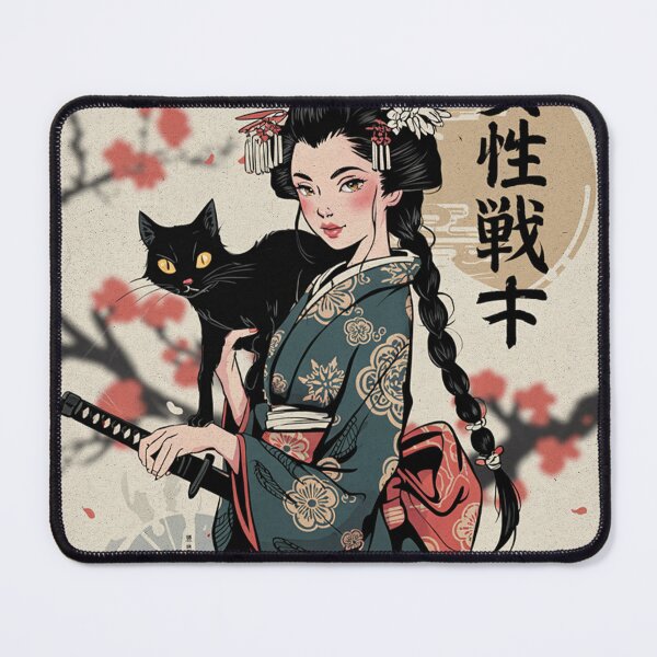 Item preview, Graceful Female Warrior Art Japanese Woman with Katana Cat Ukiyo-e  designed and sold by Damcoc.