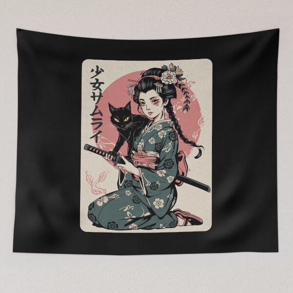 Item preview, Striking Samurai Girl Art Poised Japanese Woman with Katana & Cat designed and sold by Damcoc.