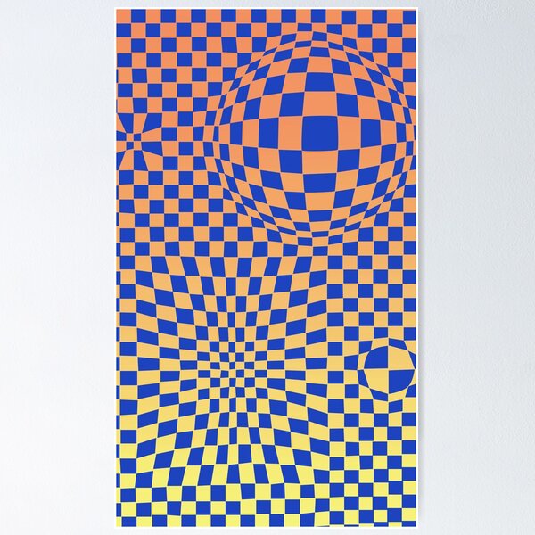 Artikelvorschau, Blaue Quadrate verzerrt, 70er-Stimmung, gelb-orange Farbverlauf entworfen und verkauft von ASKEW GRAPHICS.