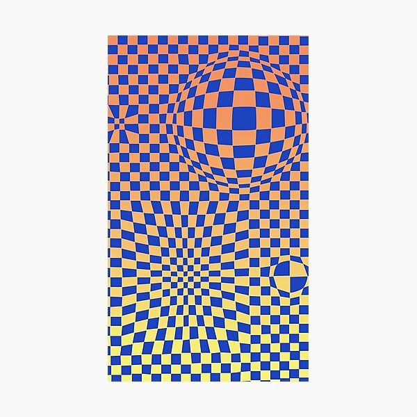 Artikelvorschau, Blaue Quadrate verzerrt, 70er-Stimmung, gelb-orange Farbverlauf entworfen und verkauft von ASKEW GRAPHICS.