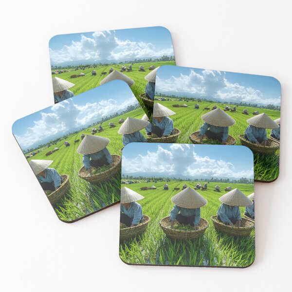 Item preview, Farmers work in lush paddy fields under clear sky. designed and sold by Artessie.