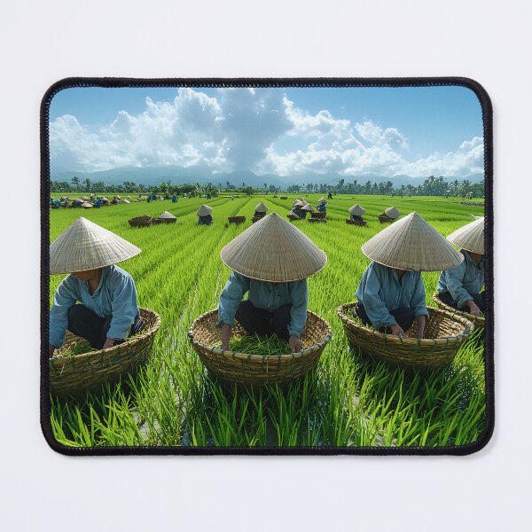 Item preview, Farmers work in lush paddy fields under clear sky. designed and sold by Artessie.